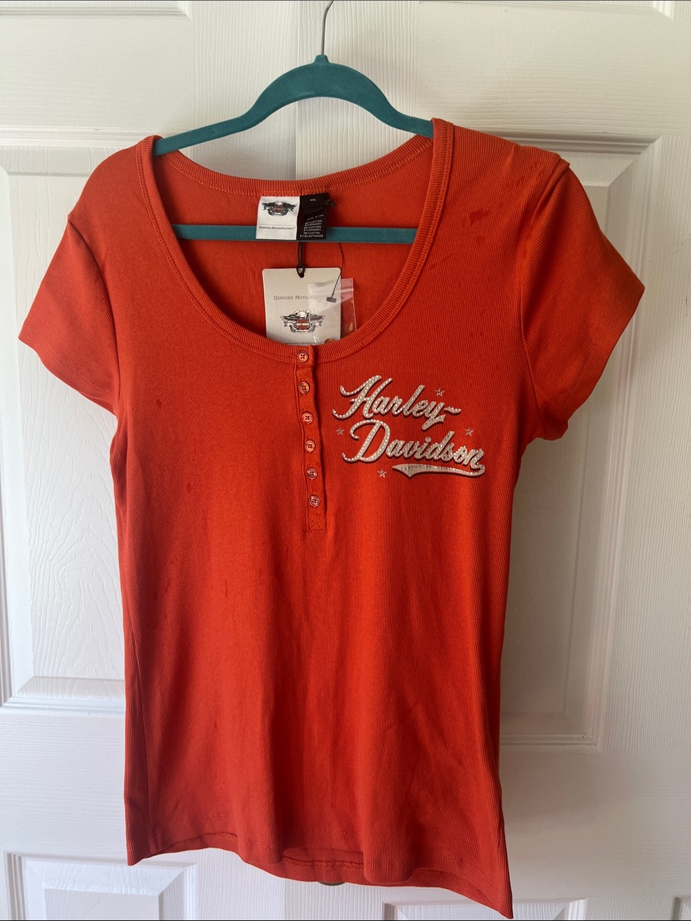 Harley-Davidson Women's Orange Scoop Neck Short Sleeve Tee with Embroidered Logo
